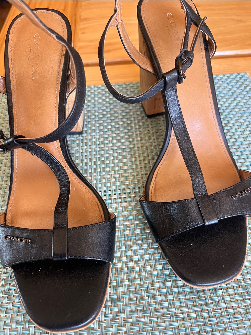 Coach Black Leather T-Strap Block Heel Sandals - Picture 4 of 4